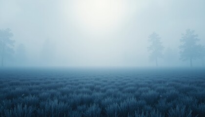 Fototapeta premium Misty landscape scene with trees and grassy field tranquil environment serene viewpoint nature concept for calming experience