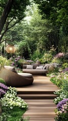 Fototapeta premium The garden is beautiful with comfortable seating areas and an array of colorful flowers during a sunny afternoon