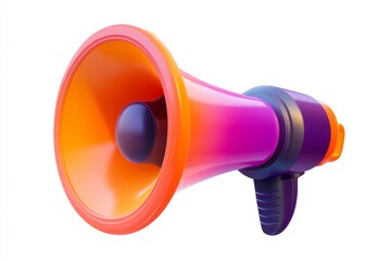 Vibrant, 3D rendered megaphone, showcasing a gradient of orange and purple