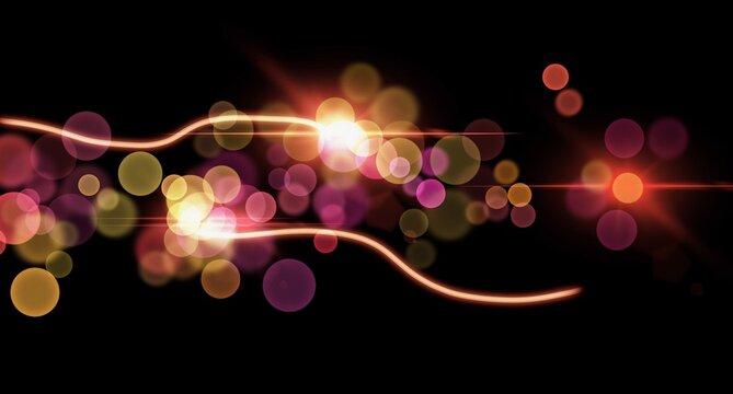 Glowing colorful orbs and lines depicted against a dark backdrop, creating a dynamic and atmospheric visual effect suitable for artistic and modern conceptual uses.