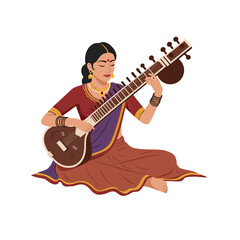 Obraz premium Melodic Rhapsody: An Indian female, immersed in her art, delicately plays a sitar with traditional attire and serene demeanor.