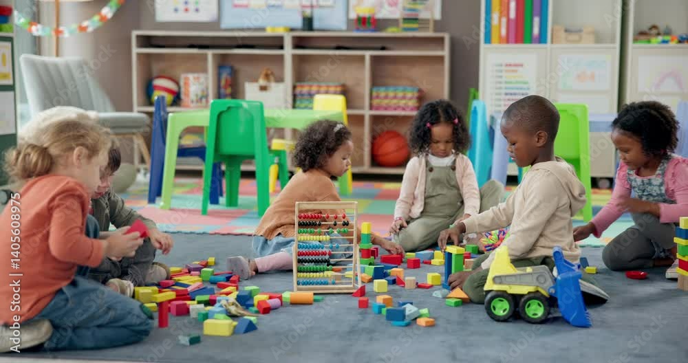 Aufkleber Kids, students and play with blocks in classroom of learning, problem solving and creative activity. Children, toys and floor for education game, puzzle solution and motor development in kindergarten