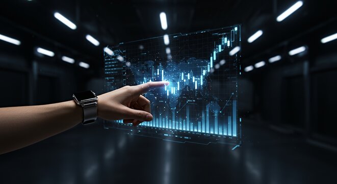 Hand Interacting with Digital Stock Market Chart Displayed on Screen - Powered by Adobe