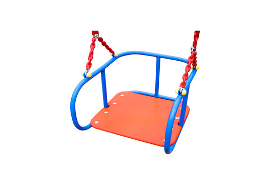 Children's swing seat isolated without background. Children's swing. Playground. Entertainment place. Image in PNG format. Isolate without background. Image for mockups. Photo for template.