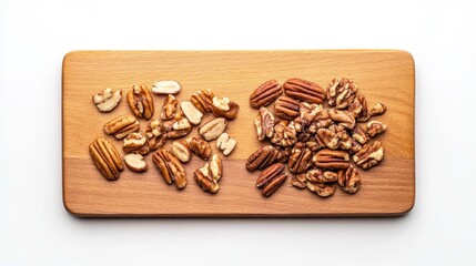 Mixed assortment of pecans and walnuts on a wooden cutting board