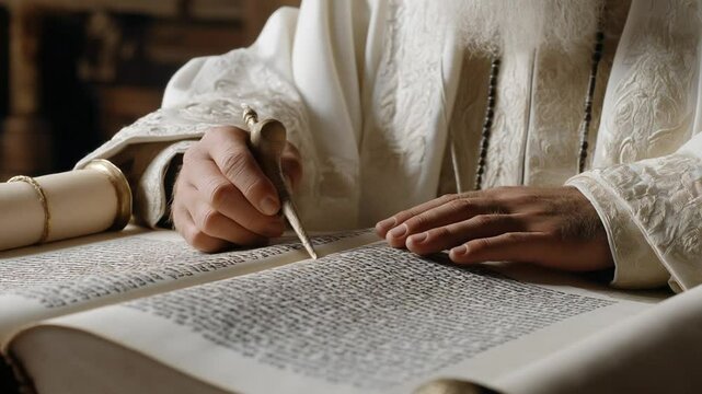 Close-up footage of a Jewish rabbi intently reading the Torah.