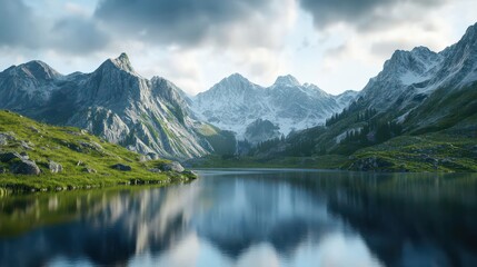Fototapeta premium Serene Mountain Landscape with Reflective Lake
