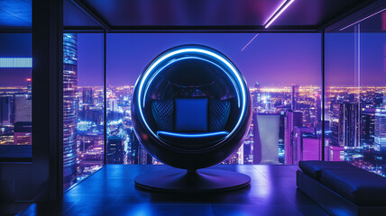 Fototapeta premium HighTech SciFi Pod Chair in Luxury Penthouse Overlooking NeonLit Cityscape with Stunning Night View (1)