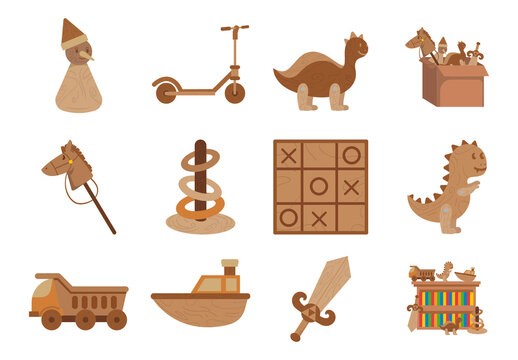 Brown Wooden Children Classic Game Illustration Set