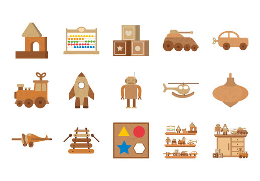 Orange And Brown Vintage Wooden Toys Icons Set
