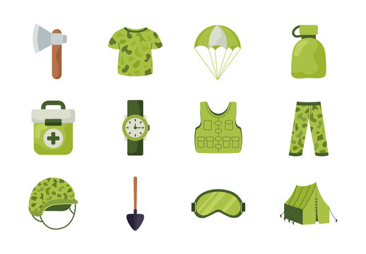 Green And Grey Army Gear Icon Collection Icons Set