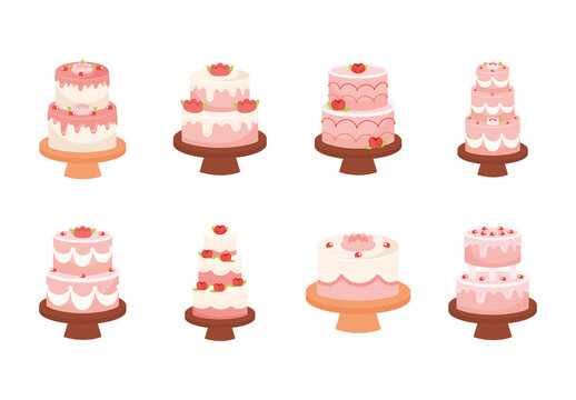 Pink And Cream Decorative Wedding Cake Icons Set