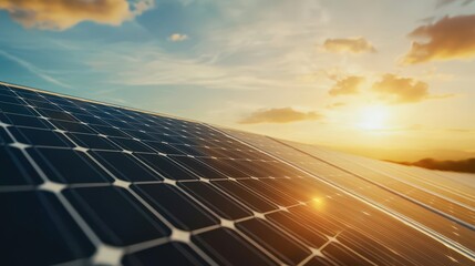 Solar Panels Capturing Sunlight at Sunset