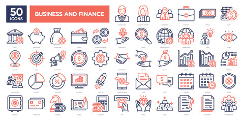 Business and finance icons collection set, including money, banking, investment, communication, and strategy. Perfect for financial reports, websites, and business presentations.