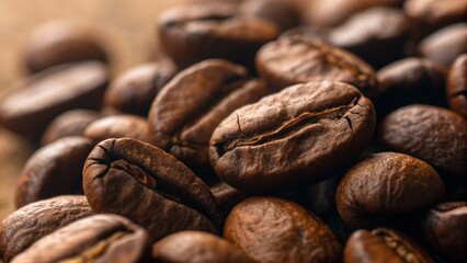Naklejka premium Close Up of Roasted Coffee Beans Showing Textures and Oil Sheen in Warm Lighting
