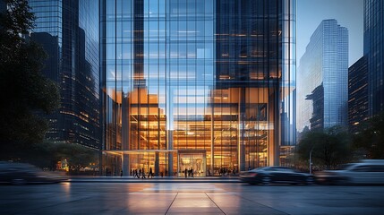 Obraz premium Evening sky behind modern glass building and park trees high resolution picture