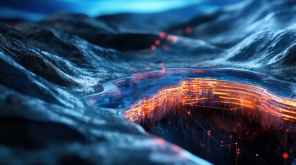 A futuristic underground gas reservoir model, showcasing geological formations and drilling technology, with copy space