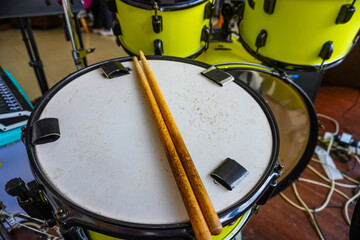 Drum Set Close-up with Sticks Ready for Playing Music Performance