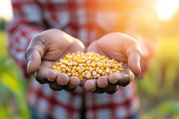 A person's hands cradle a cascade of golden corn kernels, celebrating the bounty of agriculture, emphasizing the significance of food, sustainability and nourishment.