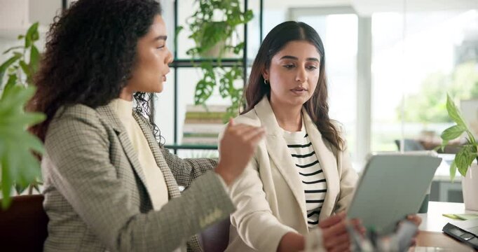 Team, feedback and women with tablet, office and review of project on website and public relations. Collaboration, media manager and people with tech for research and brainstorming with information