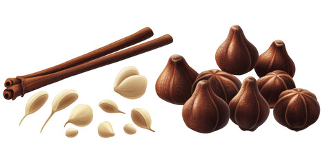 Isolated Food Illustration Featuring Cinnamon Sticks Chocolate and Garlic