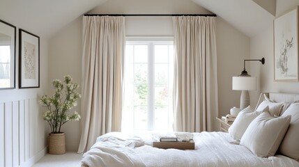 Elegant master bedroom featuring French wide window with long curtains and natural light