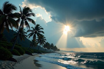 Fototapeta premium Storm Clears Over Palm-Lined Bay in Dramatic Coastal Scene