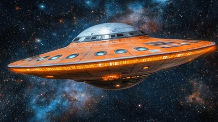 Futuristic Orange UFO Spaceship Exploring the Starry Cosmos in Deep Space Adventure