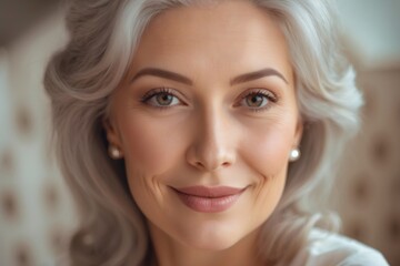 Fototapeta premium Close up portrait of a beautiful smiling senior woman with gray hair showing happiness, health and wellness