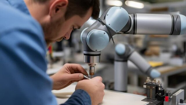 Seamlessly integrated collaborative robot and human teamwork in a modern office environment.