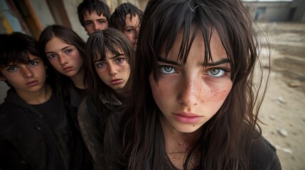 Obraz premium Group of Intense Youths with Piercing Eyes in Rugged, Outdoor Setting