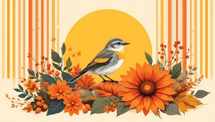 Fototapeta premium Autumn bird Illustration with Sunflower and Berries