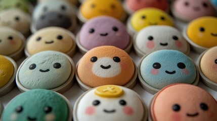 Obraz premium Colorful Array of Smiling Macarons with Cute Faces in Various Pastel Shades