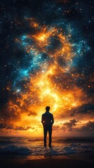 Obraz premium Person Standing on Shore at Sunset Under Vibrant Starry Sky