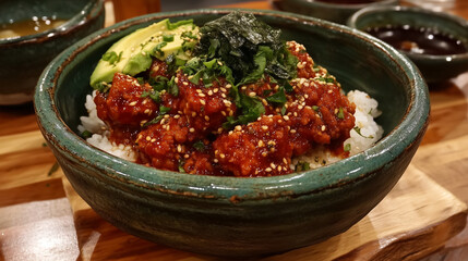 meatballs in tomato sauce with spinach and avocado over rice in a decorative bowl