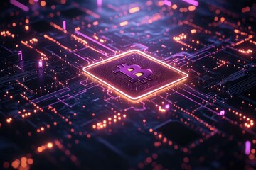 Futuristic Bitcoin Circuit Board Illuminated in Neon Lighting with Digital Patterns