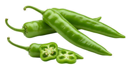 Fresh green chili peppers with some sliced to show seeds, arranged neatly on a white background...