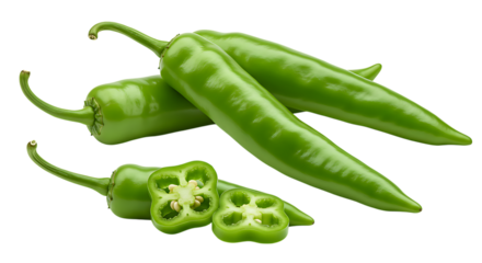 Fresh green chili peppers with some sliced to show seeds, arranged neatly on a white background looking spicy, fresh, and vibrant for cooking or seasoning dishes.
