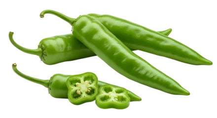 Gardinen Chilischoten Fresh green chili peppers with some sliced to show seeds, arranged neatly on a white background looking spicy, fresh, and vibrant for cooking or seasoning dishes.  © Wajahat Rasool