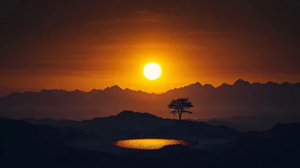 Silhouetted tree and mountain landscape at sunset with glowing water reflection