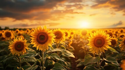 Obraz premium Golden Hour Sunflowers: A Serene Sunset Field