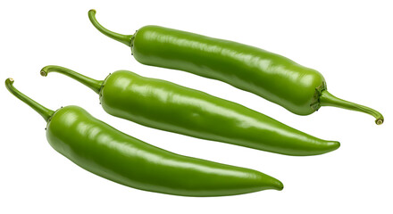 Fresh green chilies placed diagonally on a white background showing their shiny surface and vibrant green color perfect for cooking, garnishing, and spicy recipes.