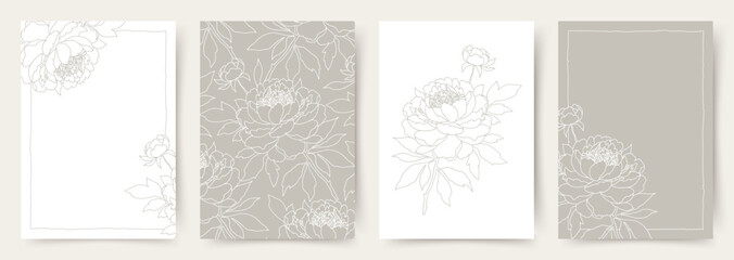 Floral background with elegant hand drawn flowers in line art style in beige tones. Elegant vector illustration for wedding invitation, packaging, social media, postcard, cover, poster, advertising © Feodora_21