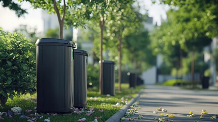 Modern Waste Bins in a Lush Urban Park Setting  