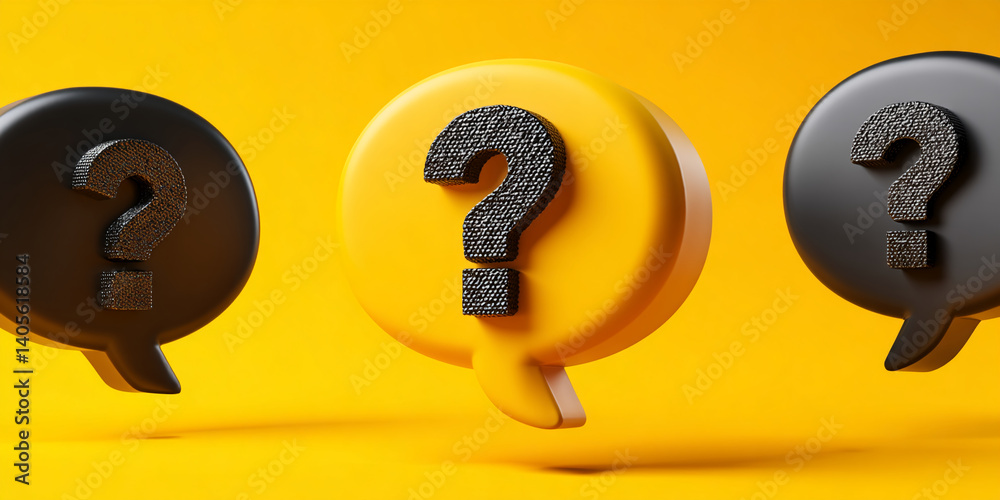 Poster three speech bubbles, yellow and black, feature textured question marks, symbolizing inquiry, query,
