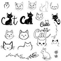 Minimal Cat Doodle SVG Bundle, Cute Cat Faces and Logo Elements, Hand Drawn Animal art & Elements 