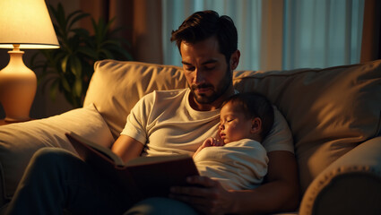 Obraz premium Cozy Evening Scene: Dad Reading to Older Child While Baby Naps Securely on His Chest
