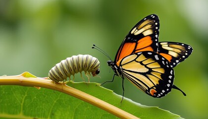 Closeup of a Monarch Butterfly and Caterpillar on a Green Leaf