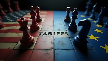 USA vs EU Chessboard with "TARIFFS" Symbolizing Trade Tension