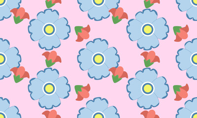 a fabric pattern composed geometric of red and light blue flower with light pink background , design for fabric or various pattern printing works.